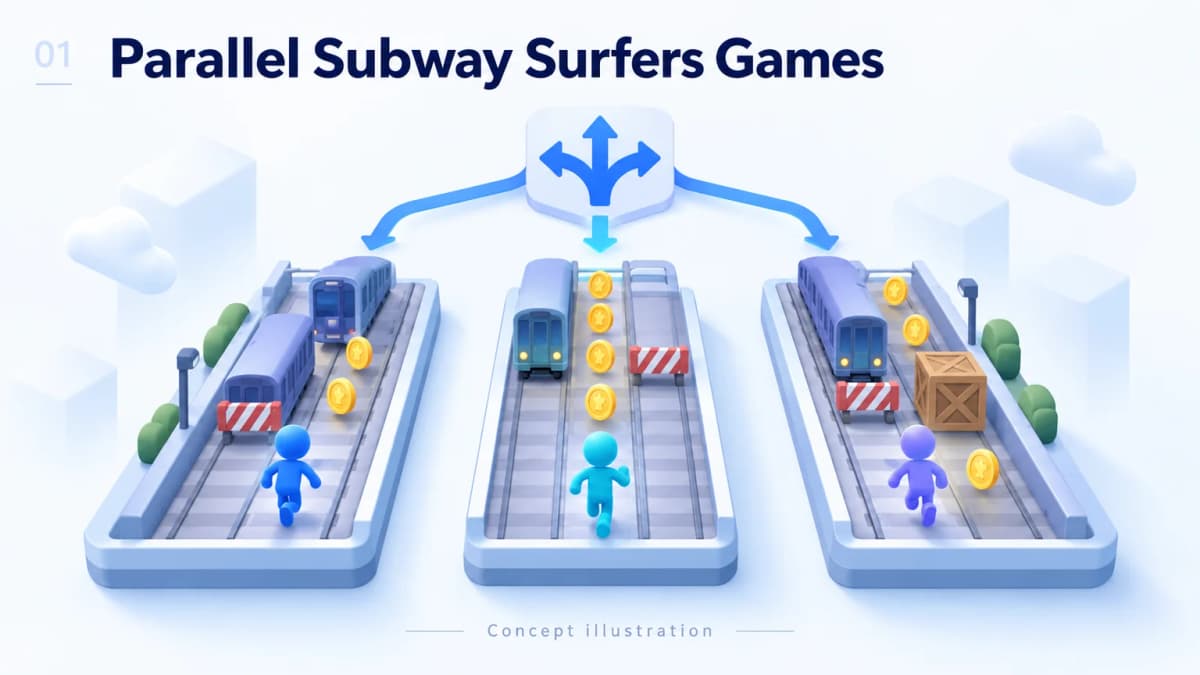 Jev AI concept illustration for parallel subway surfers games, showing the case's decision-making scenario