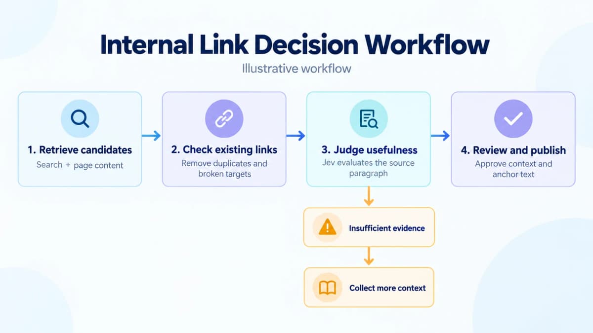 Illustrative Jev internal link workflow from candidate retrieval through evidence checks and editorial review