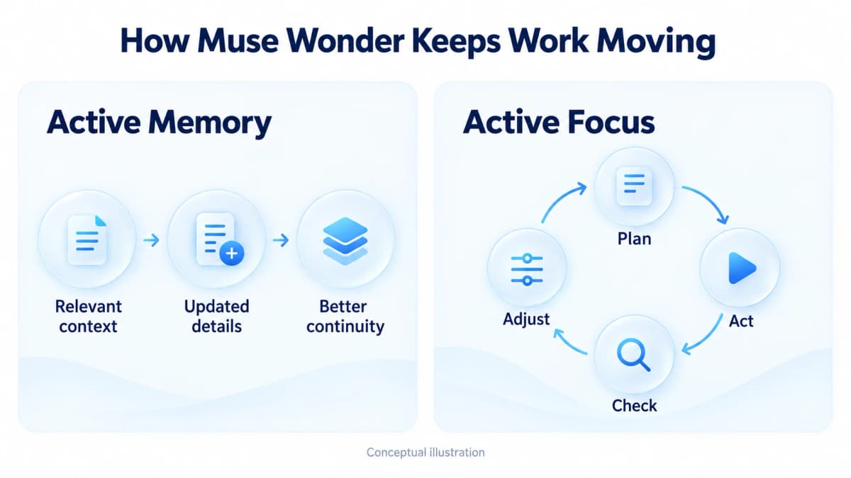 Muse Wonder Active Memory sequence and Active Focus plan, act, check, adjust loop