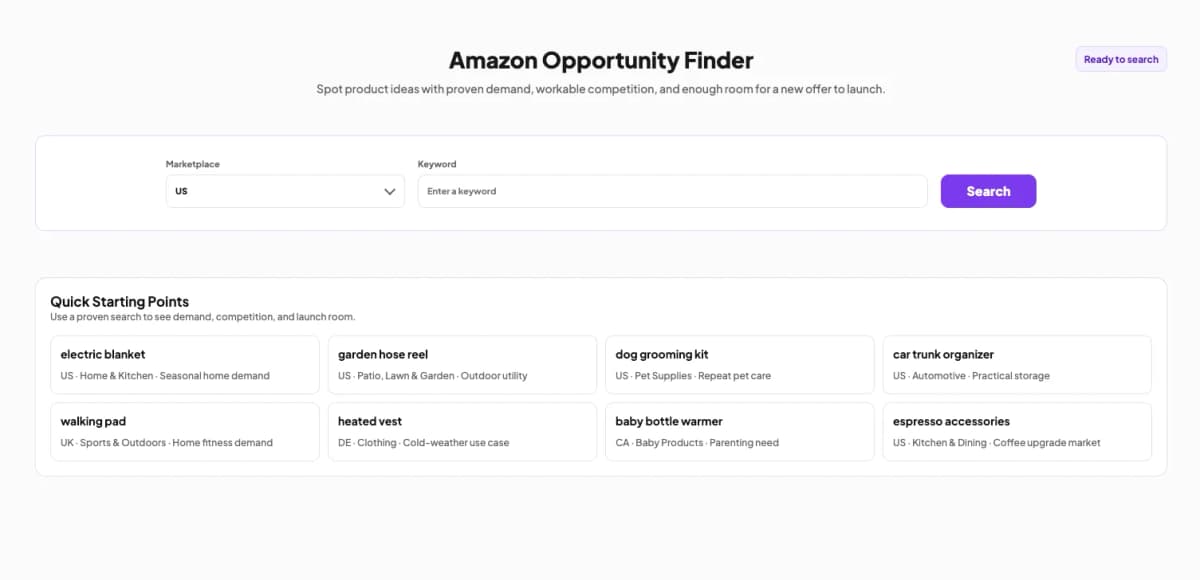 Nexscope Amazon Opportunity Finder keyword input interface for product research
