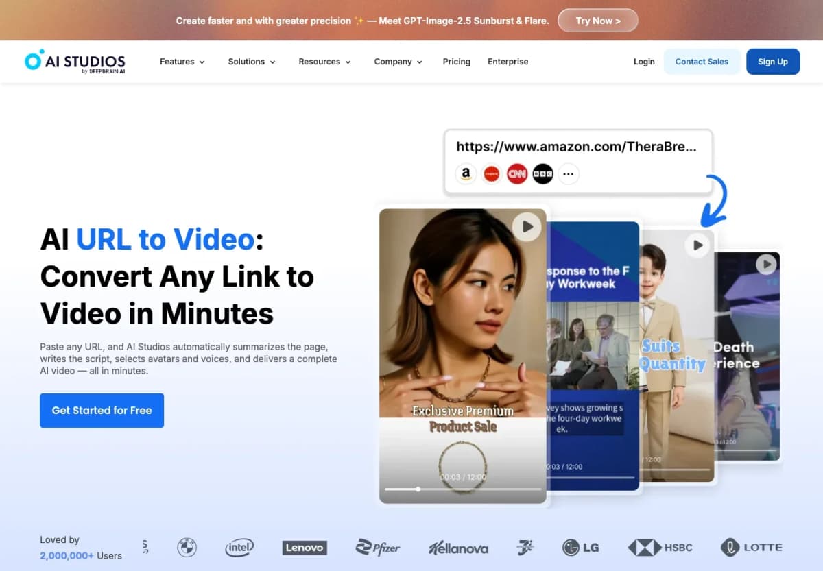 AI Studios URL to Video page showing webpage conversion into scripted avatar-led video drafts.