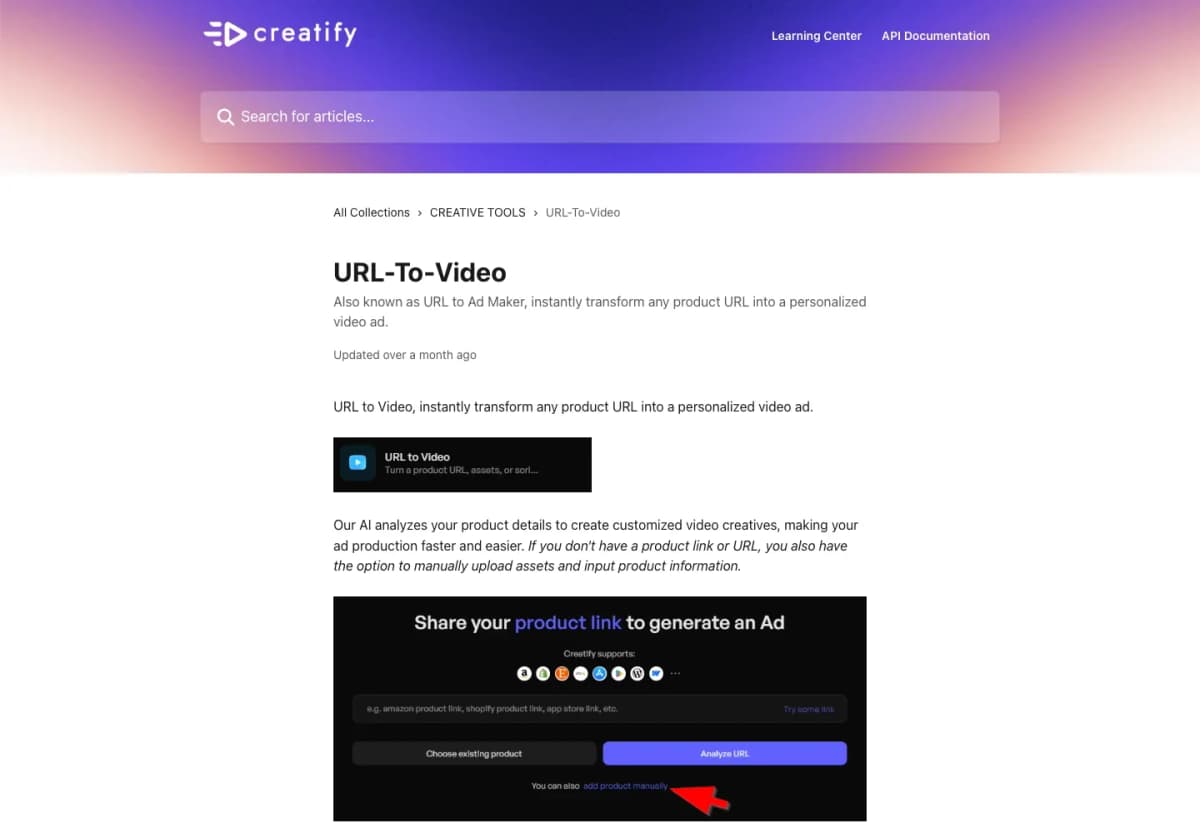 Creatify official URL-to-Video help page describing product-link analysis and video ad creation.