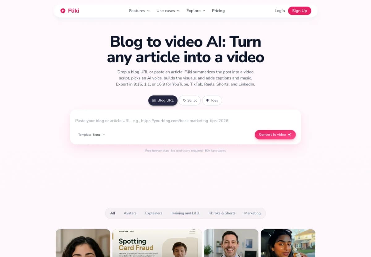 Fliki Blog to Video feature page showing article-link input for narrated social video creation.