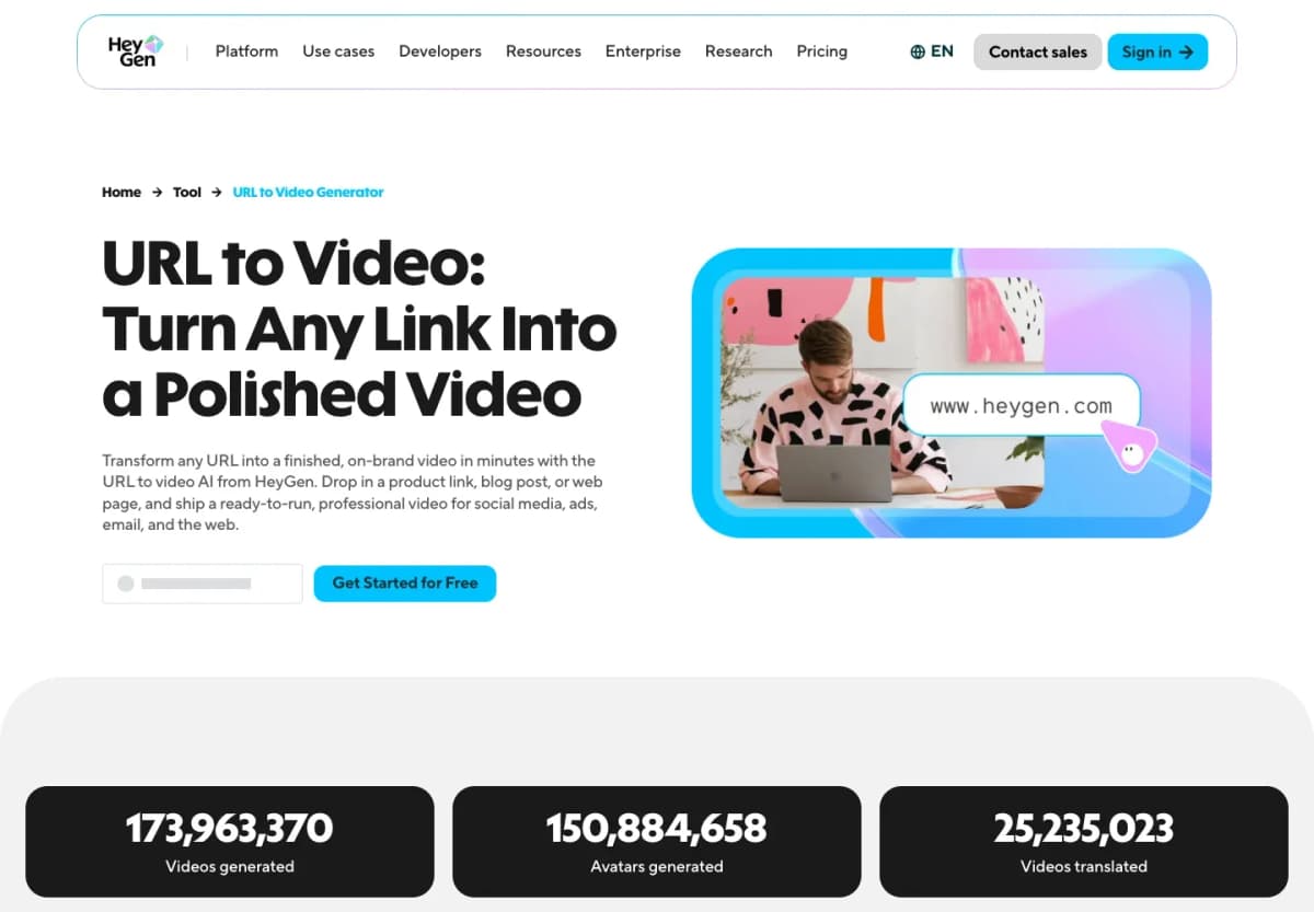 HeyGen URL to Video feature page introducing webpage conversion and presenter-led video creation.