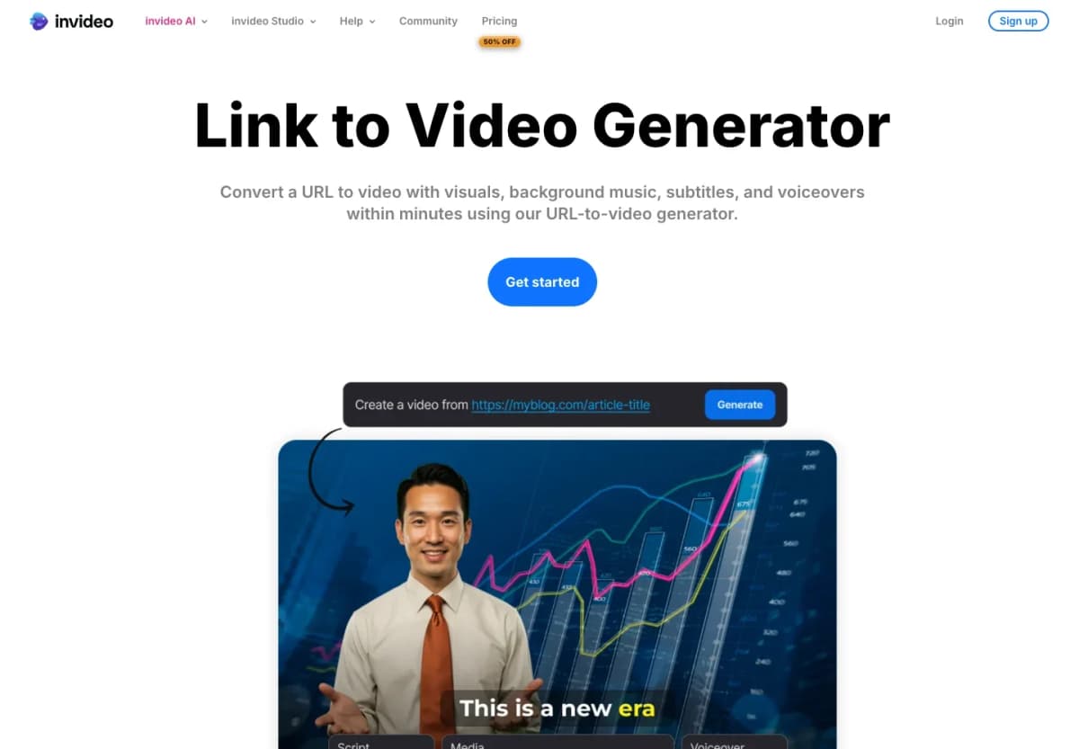 InVideo AI Link to Video Generator page showing URL-based creation and text-directed editing.