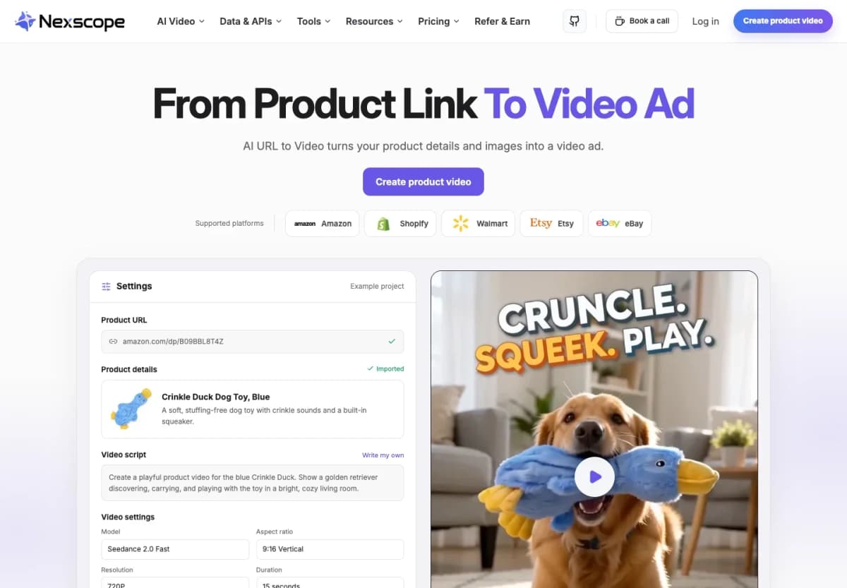 Nexscope URL to Video page showing product-link input and the product video creation workflow.