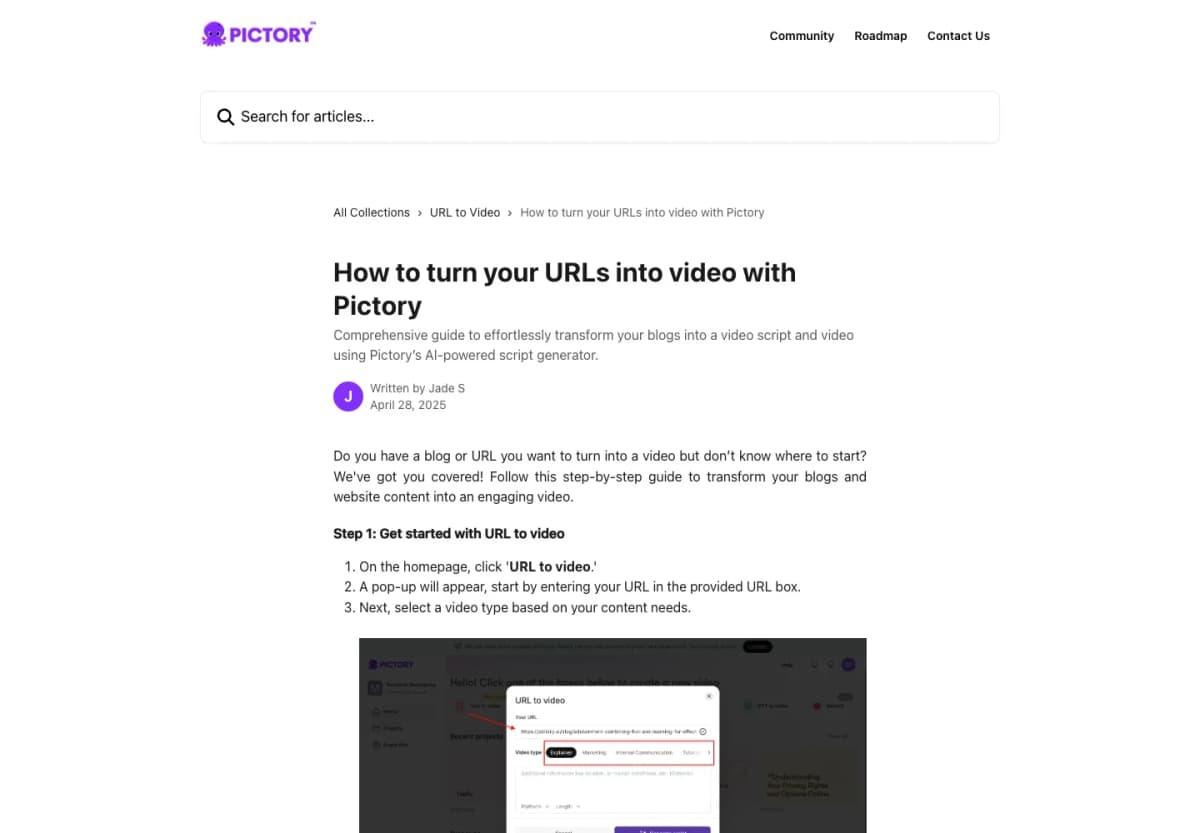 Pictory help article explaining how a webpage URL becomes an editable script and video draft.