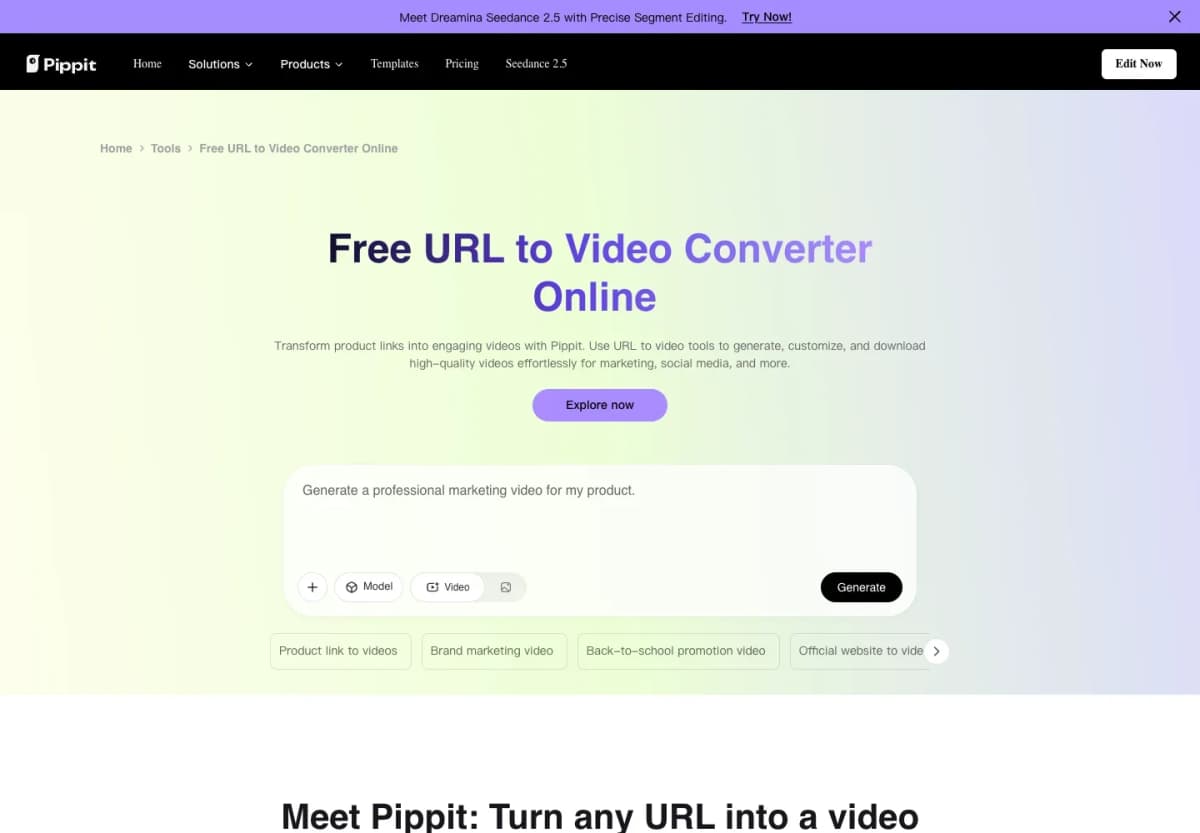 Pippit URL to Video Converter feature page presenting link-based marketing video creation.