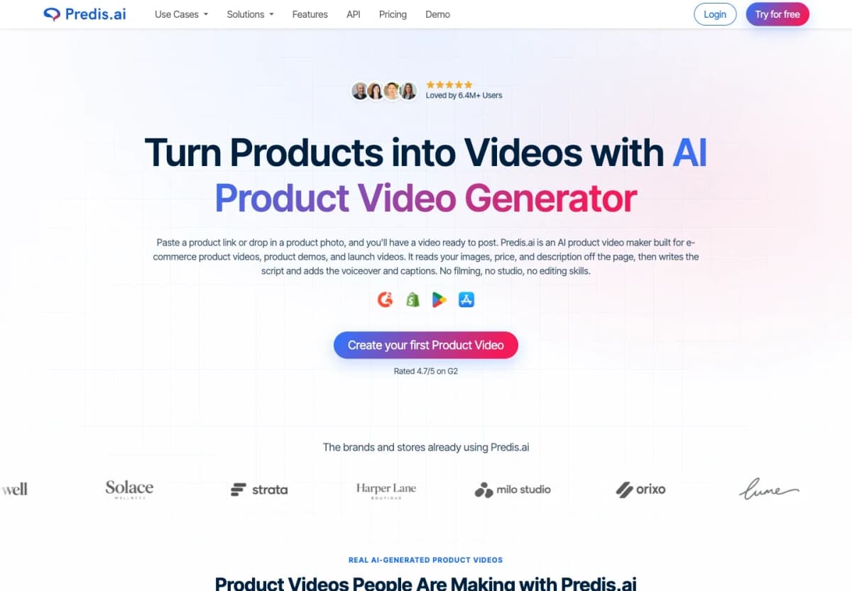 Predis.ai product video maker page explaining product-link input and ecommerce video creation.