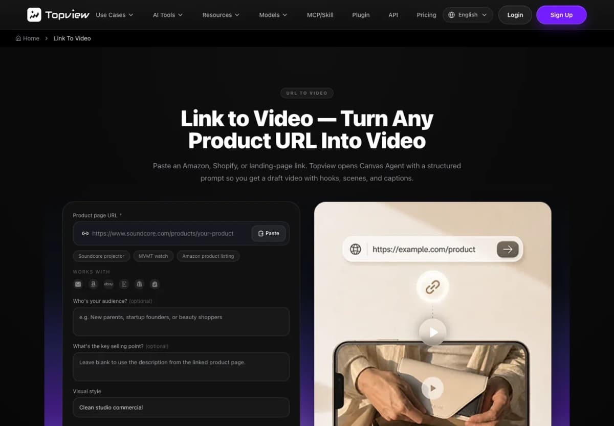 Topview Link to Video page with product URL input and optional audience and creative-style settings.
