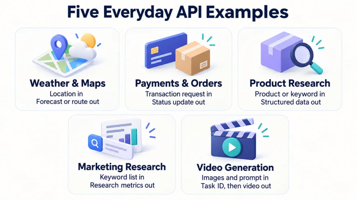 Five everyday API examples covering weather, payments, product research, marketing, and video generation
