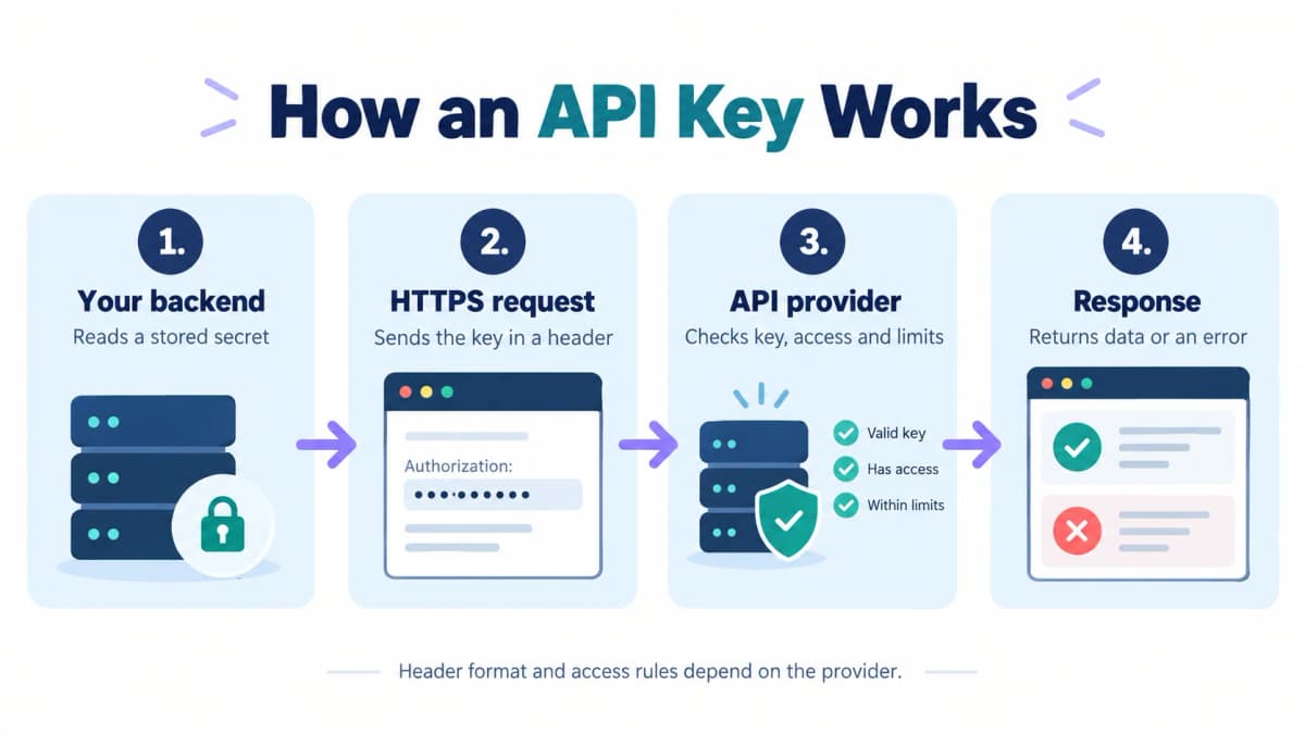 How an API key works from backend storage through an HTTPS request to provider checks and a response