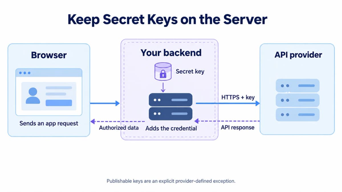 API key security diagram showing a secret kept on the backend between a browser and an API provider