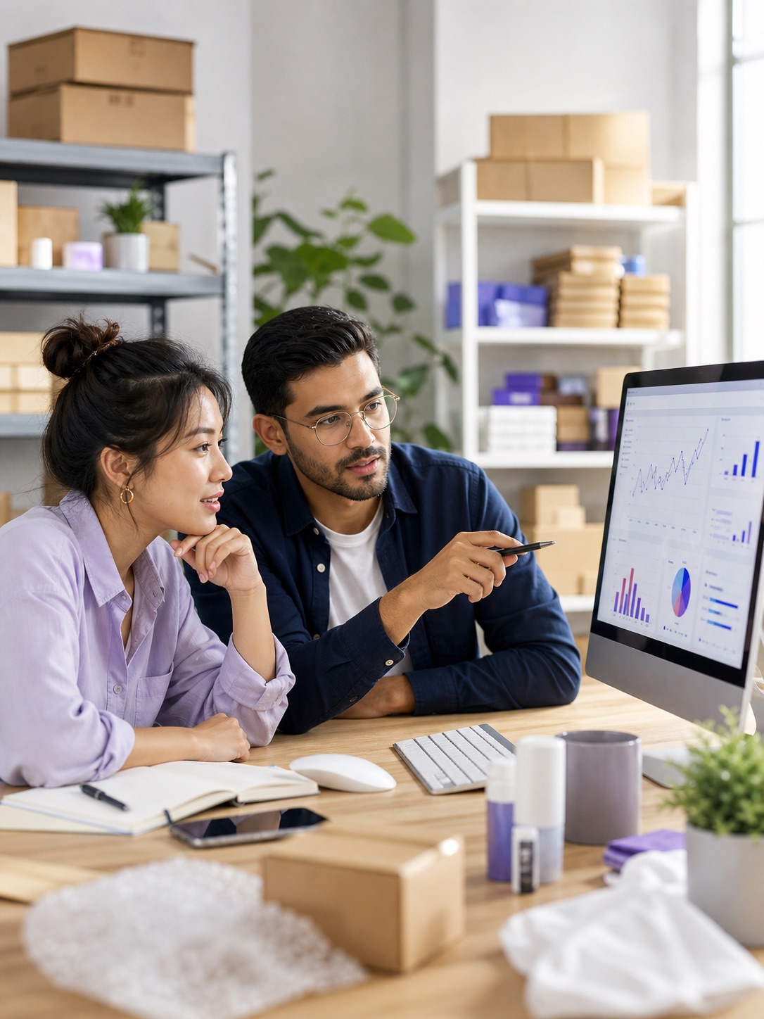 Two ecommerce sellers reviewing Amazon keyword opportunity data in a modern office