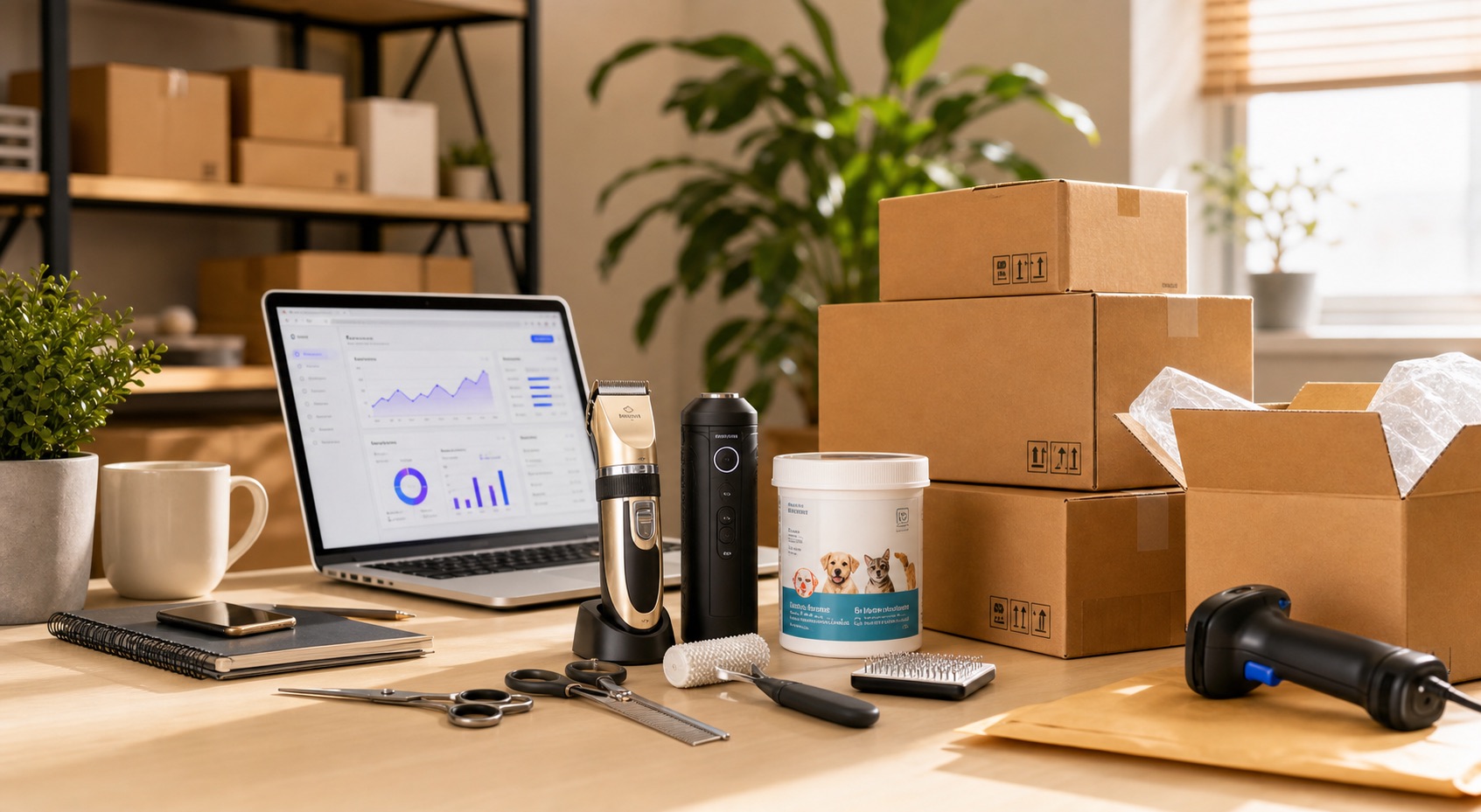 Ecommerce workspace with product samples, packages, and marketplace research data