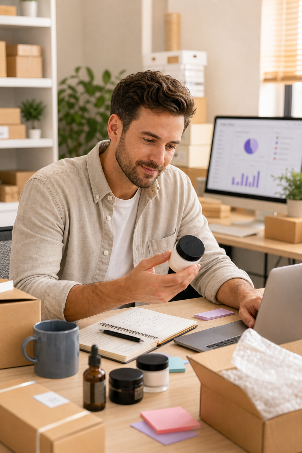 Ecommerce seller reviewing product packaging and listing performance in a small online selling workspace