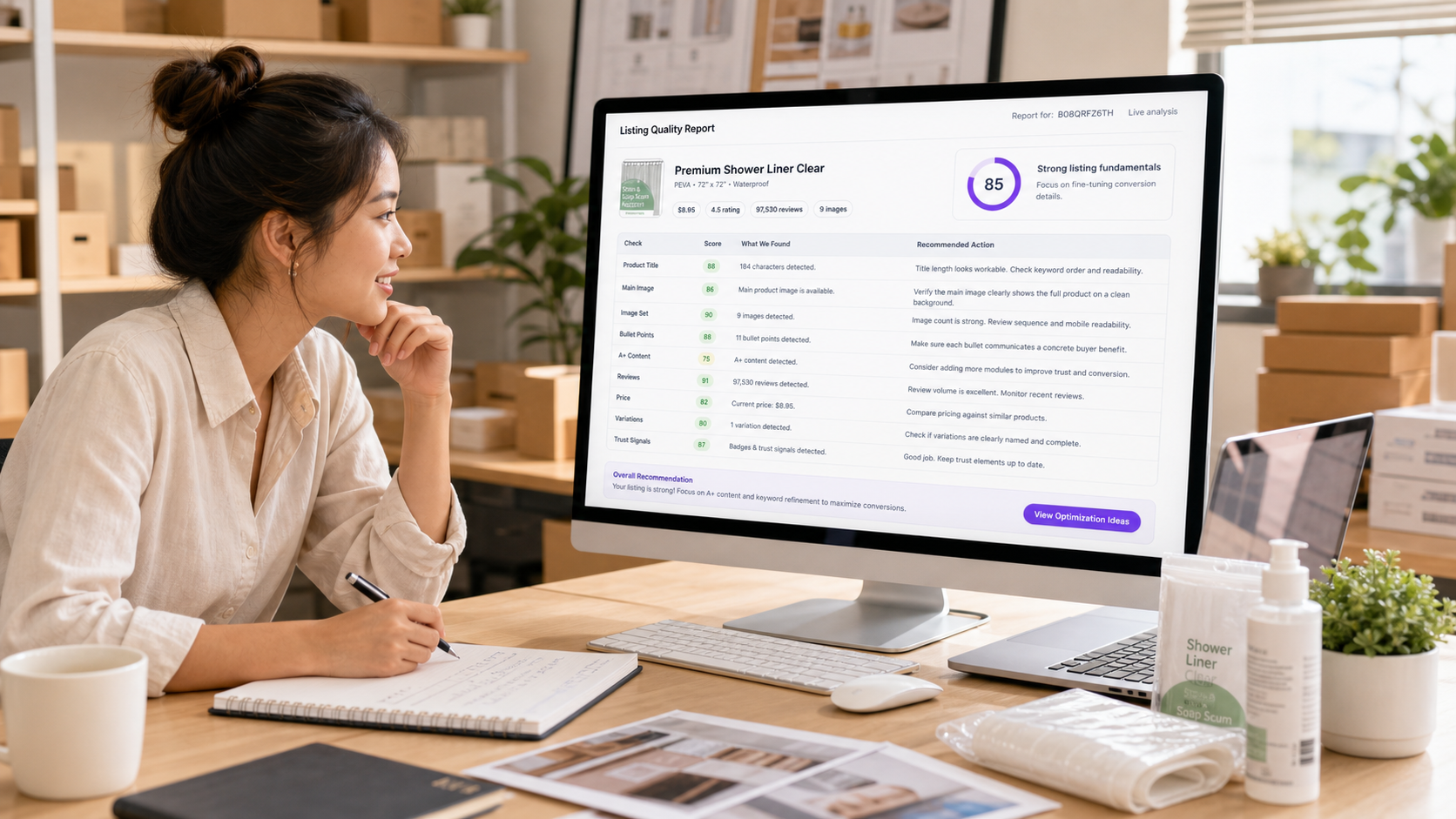 Ecommerce seller reviewing a listing quality report with score, checks, and recommended actions