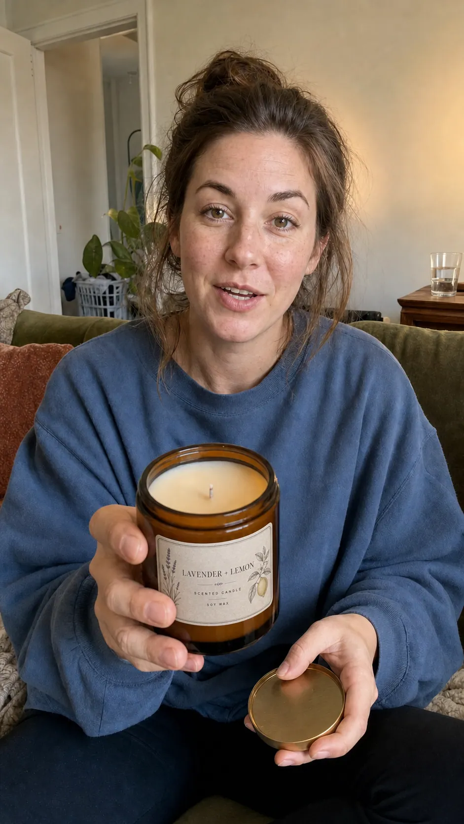 Creator presenting a lavender and lemon candle