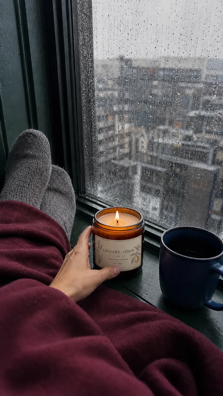 Candle beside a rainy window and coffee cup