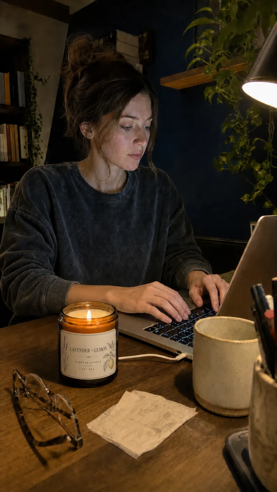 Creator working beside the lit candle