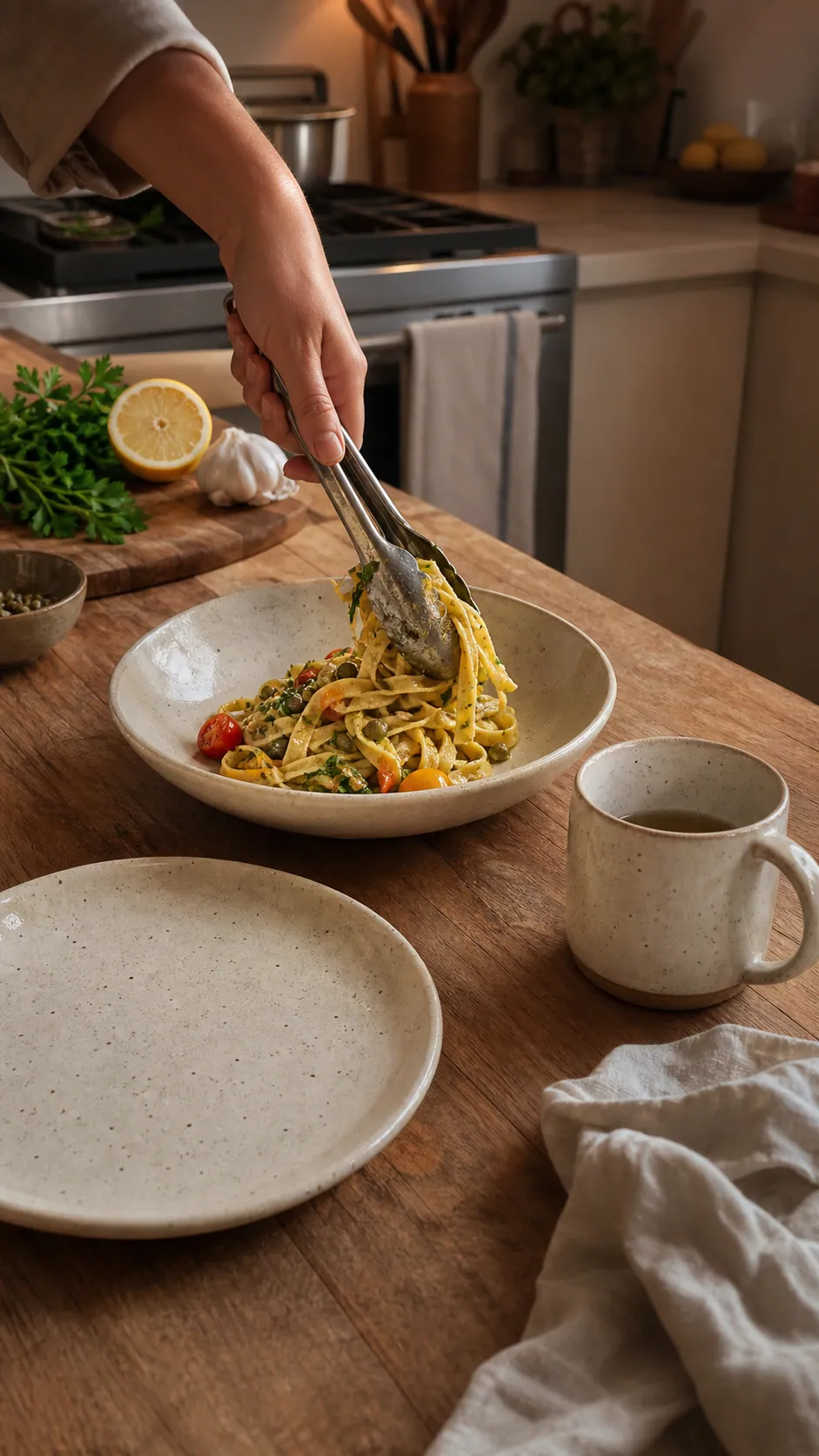 Creator plating pasta at a warm kitchen table