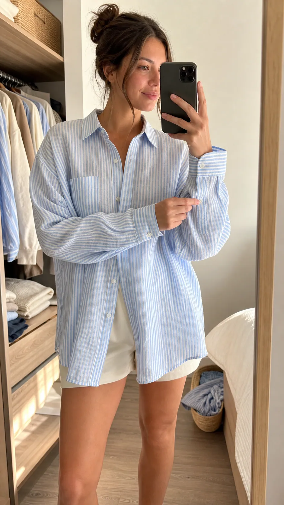 Fashion creator filming a striped shirt mirror selfie
