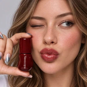 Model holding burgundy Nexscope lip tint beside her face